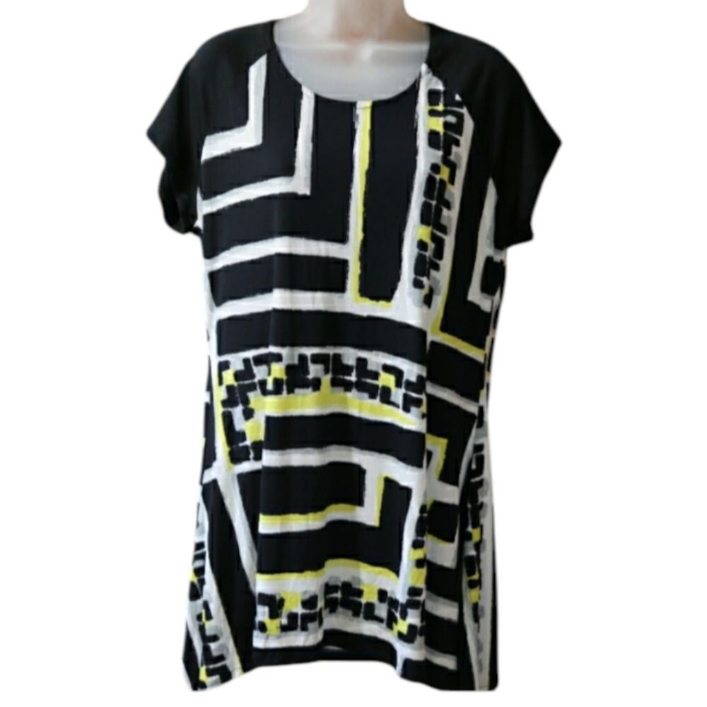 Barbara Keisman Vintage Y2K Abstract Black White Yellow Tunic Top LG